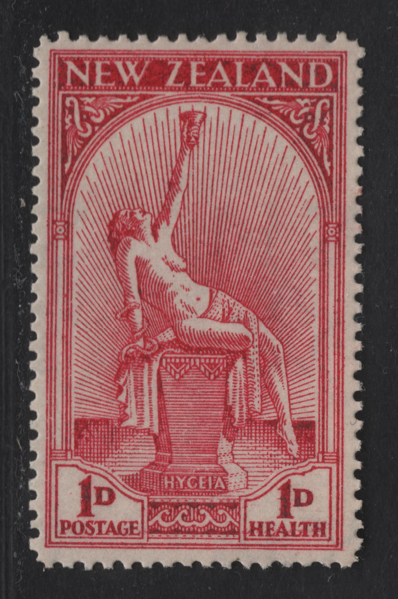 Lot 72 New Zealand SG#552var 1d+1d Carmine Goddess Of Health, 1932 Health Issue, A VFOG Single