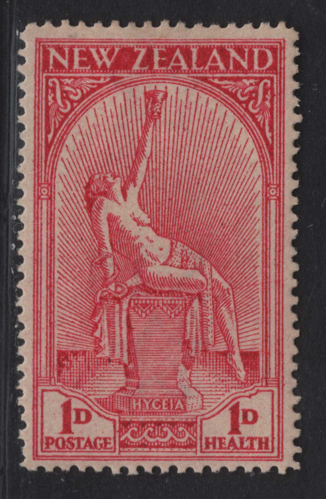 Lot 73 New Zealand SG#552var 1d+1d Bright Rosy Carmine Goddess Of Health, 1932 Health Issue, A VFOG Single