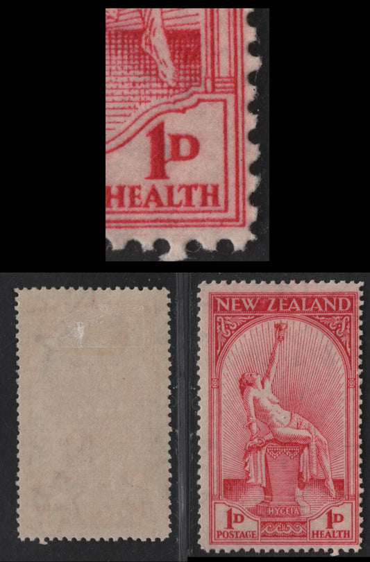 Lot 74 New Zealand SG#552var 1d+1d Bright RosyCarmine Goddess Of Health, 1932 Health Issue, A FOG Single, Showing '1' & 'D' Joined At Right, Unlisted In Gibbons & Campbell Patterson