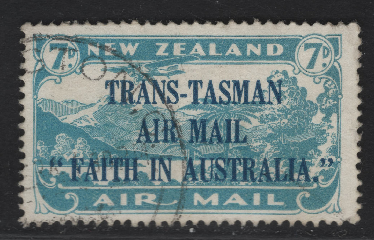 Lot 80 (C) New Zealand SG#554 7d Light Blue New Zealand Lake, 1934 Trans-Tasmain Airmail Issue, A Fine Used Single
