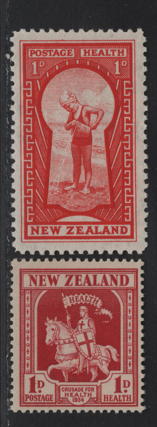 Lot 81 New Zealand SG#555, 576 1d+1d Carmine & Scarlet Crusader - Key to Health, 1934-1935 Crusader - Key to Health Issues, 2 F/VFNH Singles