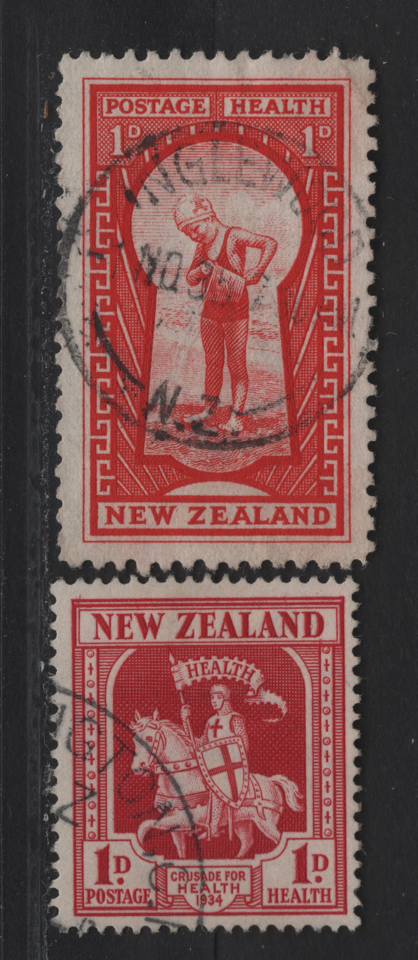 Lot 83 New Zealand SG#554, 576 1d+1d Carmine - Scarlet Crusader - Key to Health, 1934-1935 Health Issues, 2 Fine/Very Fine Used Singles