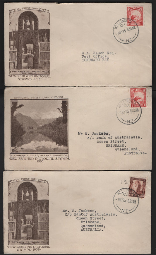 Lot 84 (C) New Zealand SG#557-558 1d - 1.5d Scarlet - Red Brown Brown Kiwi - Maori Woman, 1935-1936 Pictorial Issue, 3 Very Fine Used Singles On Covers, Cacheted FDC's, All Adressed, 1d Die 1 & Having 2 Different Cachets.