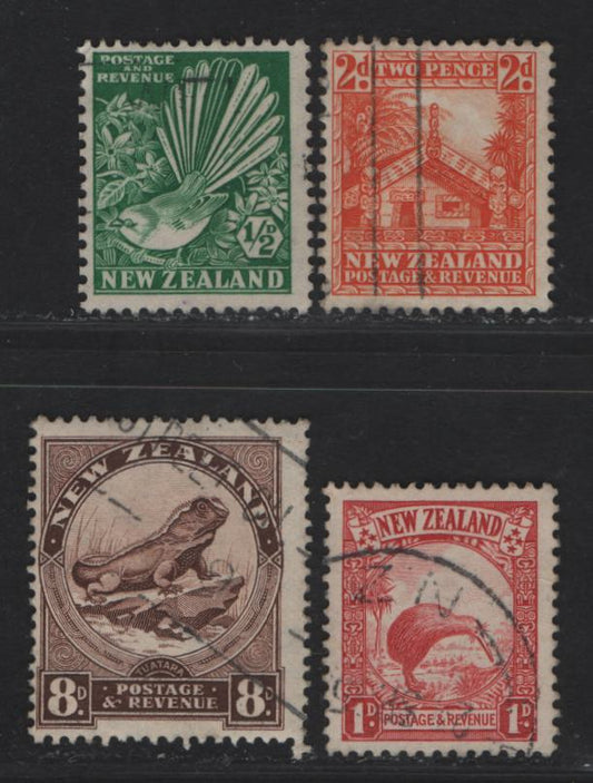 New Zealand SG#556-557, 559, 565 1/2d - 8d Bright Green - Chocolate Collared Gray Fantail - Tuarara Lizard, 1935-1936 Pictorial Issue, 4 Fine/Very Fine Used Singles, 1d Die 1