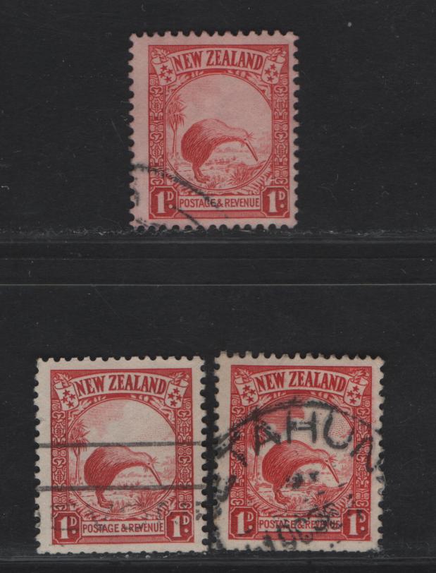 Lot 86 New Zealand SG#557, 557c. 557cvar 1d Red - Carmine Red , 1935-1936 Pictorial Issue, 3 Fine Used Singles, 1d Dies 1 & 2, Perf 14x13.5, Scarce Carmine Red Shade Listed In Campbell Patterson.