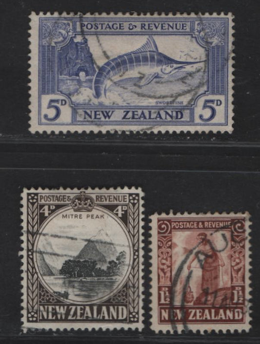 Lot 87 (C) New Zealand SG#558, 562-563 1/2d - 5d Red Brown - Ultramarine , 1935-1936 Pictorial Issue, 3 Fine/Very Fine Used Singles, Perfs 14x13.5, 14 & 13-14x13.5