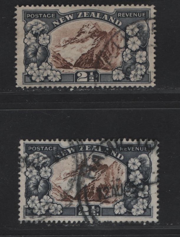Lot 88 (C) New Zealand SG#560, 560b 2.5d Chocolate & Slate Mt Cook, 1935-1936 Pictorial Issue, 2 Fine Used Singles, Perfs 13-14x13.5 & 13.5x14, Single Star & NZ Wmk