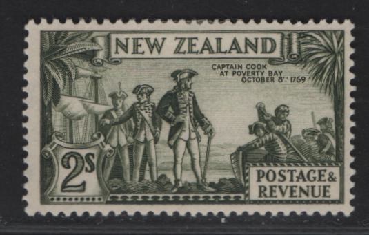 Lot 90 (C) New Zealand SG#568 2/- Olive Green Capt Cook At Poverty Bay, 1935-1936 Pictorial Issue, A VFOG Single, Perf 13-14x13.5, Single Star & NZ Wmk