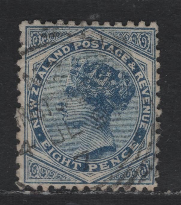 Lot 9 (C) New Zealand SG#202 8d Blue Queen Victoria, 1882-1900 Second Sideface Issue, A Very Fine Used Single, Perf 12x11.5, Vertical Mesh