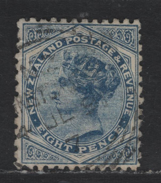 Lot 9 (C) New Zealand SG#202 8d Blue Queen Victoria, 1882-1900 Second Sideface Issue, A Very Fine Used Single, Perf 12x11.5, Vertical Mesh