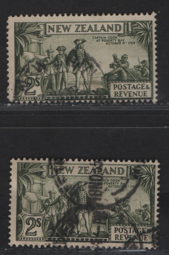 New Zealand SG#568, 568c 2/- Olive Green Capt Cook At Poverty Bay, 1935-1936 Pictorial Issue, 2 Fine Used Singles, Perfs 13-14x13.5 & 13.5x14