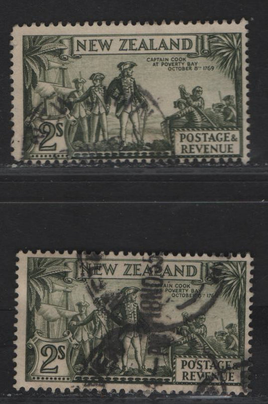 New Zealand SG#568, 568c 2/- Olive Green Capt Cook At Poverty Bay, 1935-1936 Pictorial Issue, 2 Fine Used Singles, Perfs 13-14x13.5 & 13.5x14