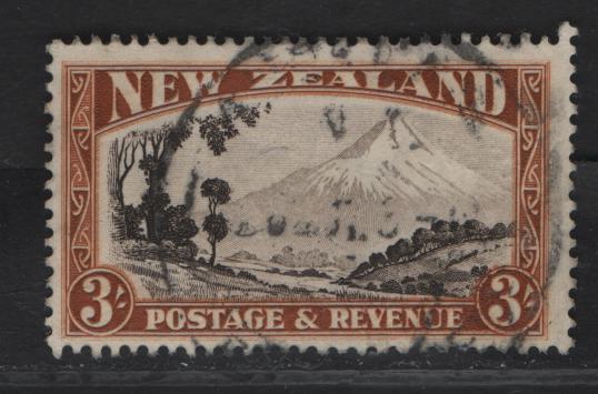 Lot 94 New Zealand SG#569 3/- Chocolate & Yellow Brown Mt. Egmont, 1935-1936 Pictorial Issue, A Very Good Used Single, Perf 13-14x13.5, Internal Wrinkle At 'Nu' of 'Revenue, Single Wmk.
