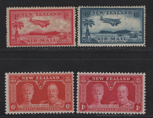 Lot 95 (C) New Zealand SG#570, 572-573, 575 1d - 6d Carmine - Red Orange Bell Block Aerodrome - King Geroge V & Queen Mary, 1935 Airmail - Silver Jubilee Issues, 4 FOG Singles