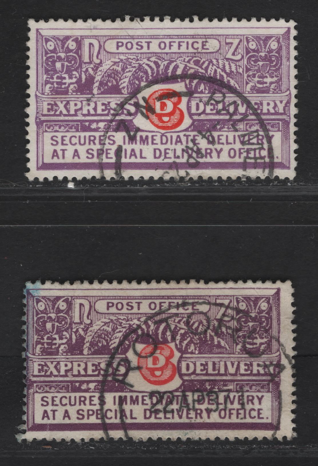 Lot 97 (C) New Zealand SG#E2-E3 6d Vermillion & Bright Violet Express Delivery, 1926-1936 Express Delivery Issue, 2 Fine/Very Fine Used Singles, Perfs 14x14.5 & 14x15, Perf 14x15 Stamp Has Two Light Diagonal Bends