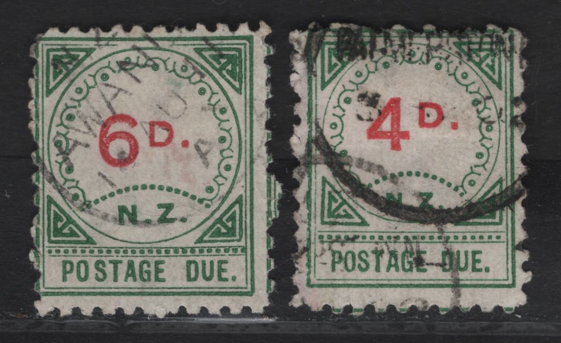 Lot 99 (C) New Zealand SG#D7, D16 6d - 4d Vermillion & Green Numeral, 1899 Postage Dues, 2 Very Good Used Singles, Small 'D', 15 & 17 Dots Over NZ