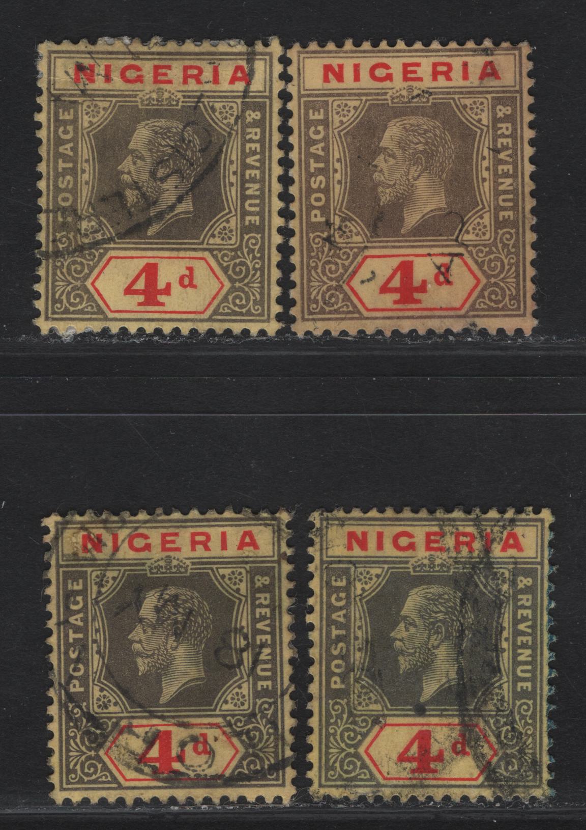 Lot 100 Nigeria SG#6a-b 4d Brownish Gray & Bright Red - Deep Gray & Bright Red King George V, 1914-1929 KGV Imperium Keyplate Issue, Wmk Multiple Crown CA, 4 Very Fine Used Singles, Deep Yellow & Yellow Paper With Lemon Back