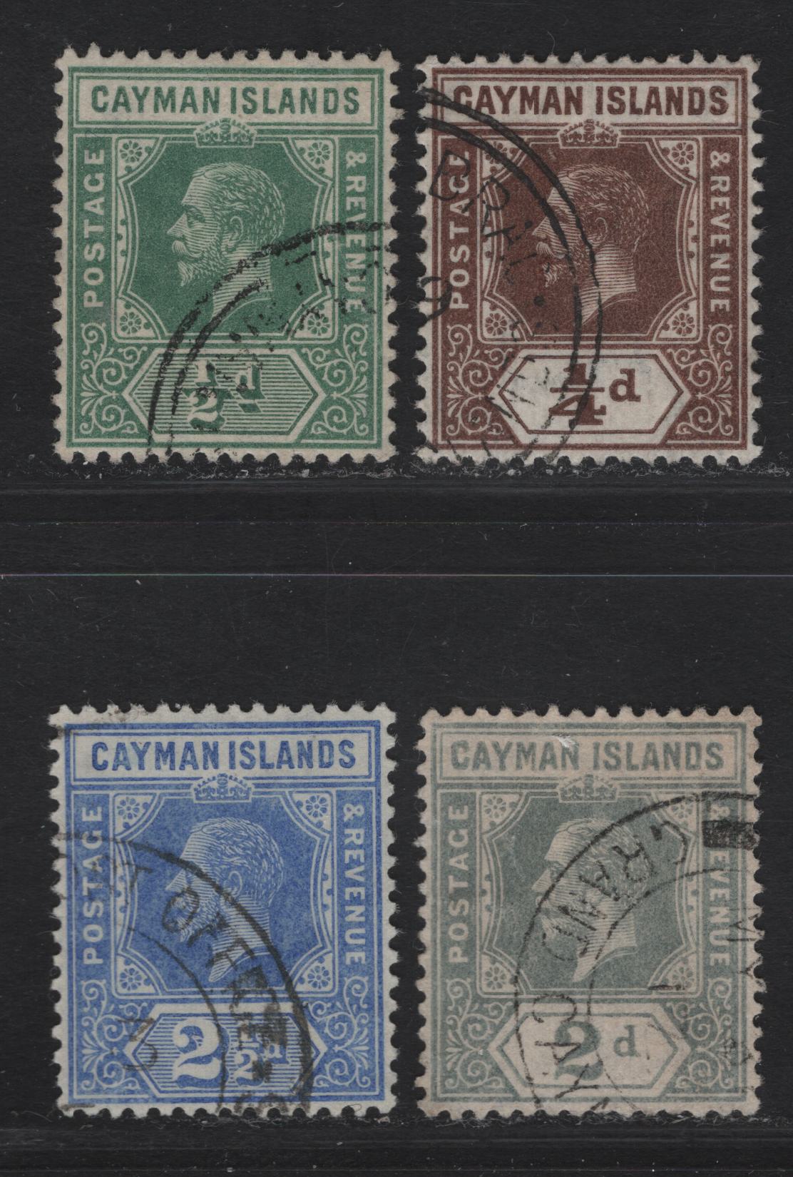 Lot 1 Cayman Islands #40, 41, 43, 44 1/4d Brown - 2 1/2d Bright Blue, 1912-1920 King George V Imperium Keyplate Issue With Wmk Multiple Crown CA, 4 Very Fine Used Singles All Die 1