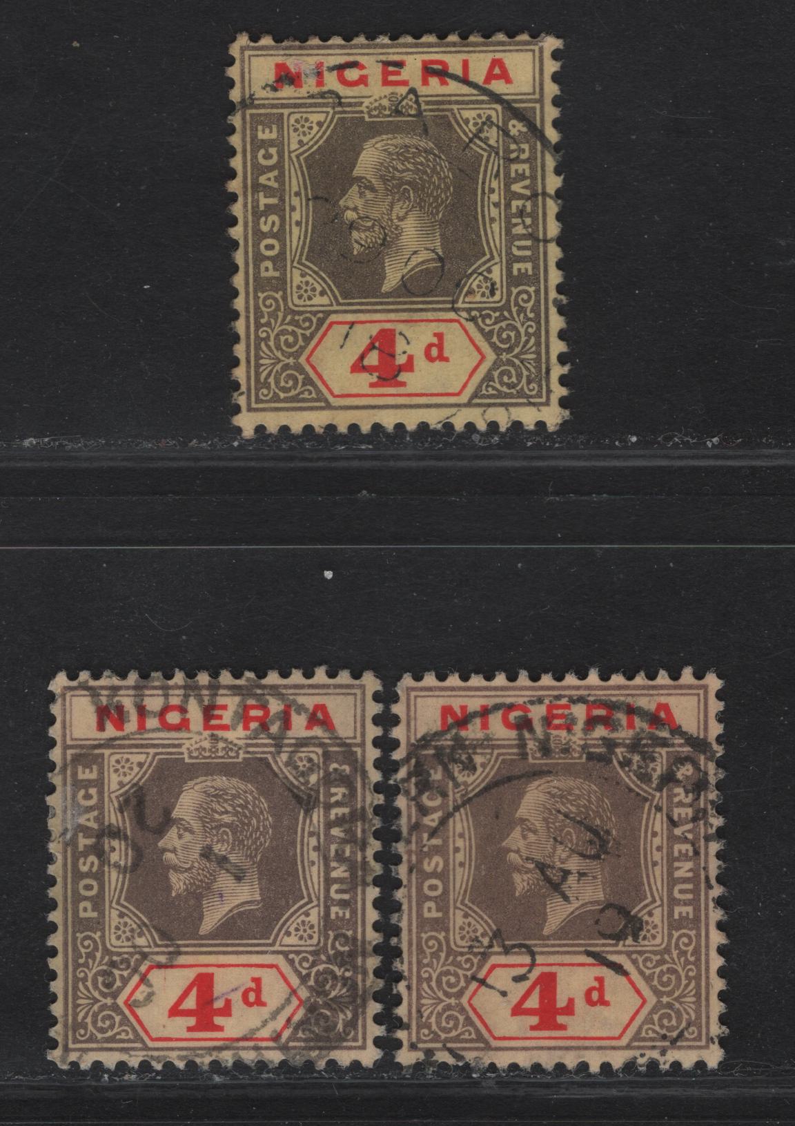 Lot 101 Nigeria SG#6a 4d DeepGray Brown & Bright Red - Gray & Red King George V, 1914-1929 KGV Imperium Keyplate Issue, Wmk Multiple Crown CA, 3 Very Fine Used Singles, Lemon Papers, Dated Examples