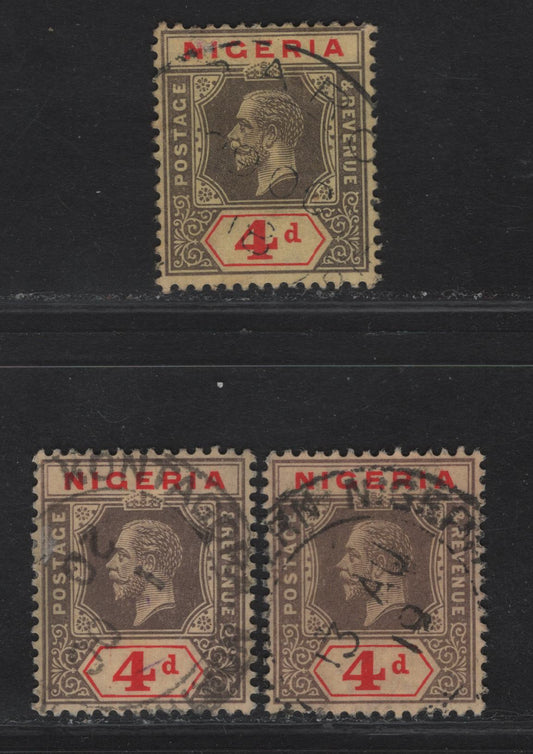 Lot 101 Nigeria SG#6a 4d DeepGray Brown & Bright Red - Gray & Red King George V, 1914-1929 KGV Imperium Keyplate Issue, Wmk Multiple Crown CA, 3 Very Fine Used Singles, Lemon Papers, Dated Examples