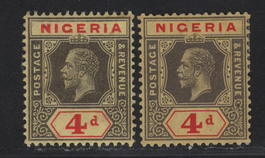 Lot 102 Nigeria SG#6c, 6e 4d Deep Gray & Red - Gray Black & Bright Red King George V, 1914-1929 KGV Imperium Keyplate Issue, Wmk Multiple Crown CA, 2 VFOG Singles, Yellow Paper With Orange Buff Back & Yellow Paper With Pale Yellow Back