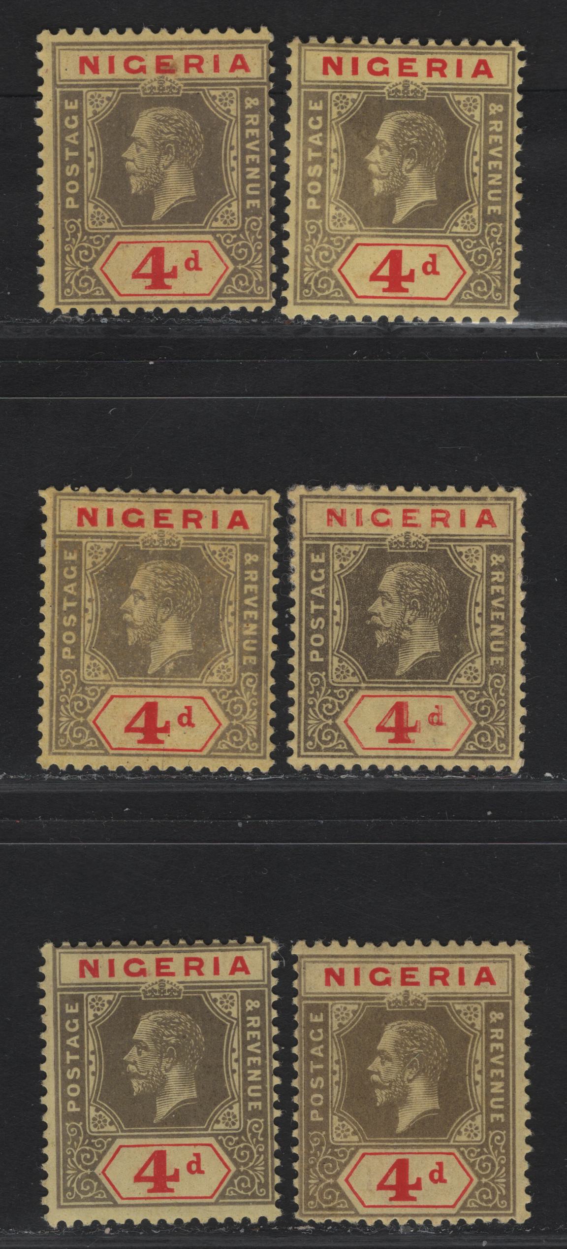 Lot 103 Nigeria SG#6c-6e 4d Gray & Red - Deep Gray & Red King George V, 1914-1929 KGV Imperium Keyplate Issue, Wmk Multiple Crown CA, 6 FOG Singles, Yellow With Orange Buff & Pale Yellow With Buff Papers