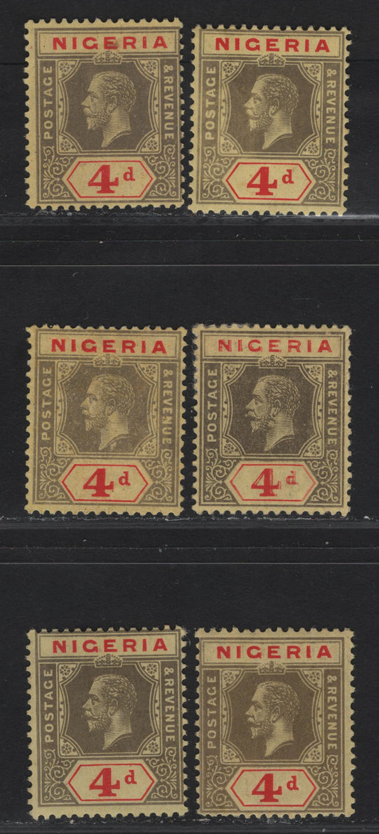 Lot 103 Nigeria SG#6c-6e 4d Gray & Red - Deep Gray & Red King George V, 1914-1929 KGV Imperium Keyplate Issue, Wmk Multiple Crown CA, 6 FOG Singles, Yellow With Orange Buff & Pale Yellow With Buff Papers