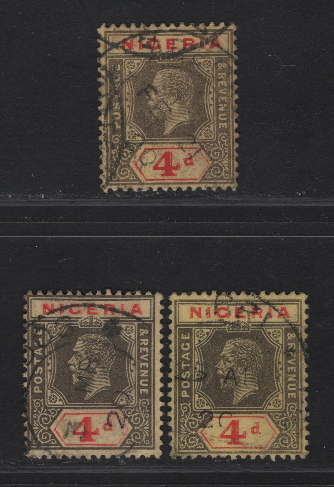 Lot 105 Nigeria SG#6c-d 4d Deep Gray & Red - Gray Black & Bright Red King George V, 1914-1929 KGV Imperium Keyplates, 2 Fine/Very Fine Used Singles, Yellow Paper With orange Buff Back, 1920 Printings, Cancelled With February, August & March 1920 Dates.