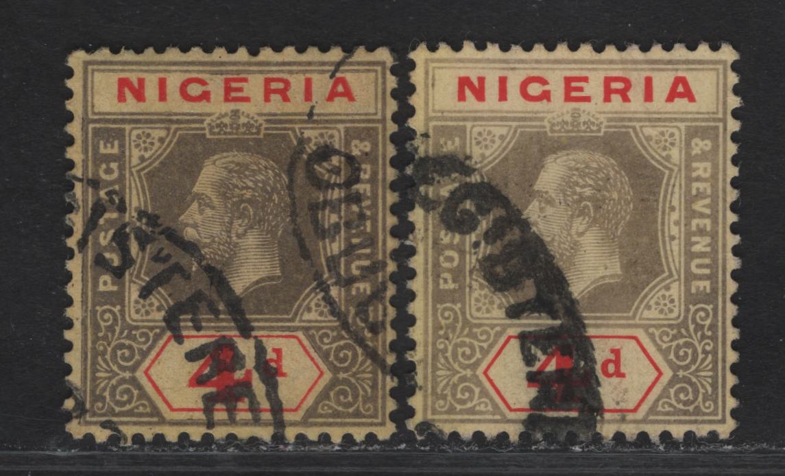 Lot 106 Nigeria SG#6d 4d Gray & Red - Pale Gray & Red King George V, 1914-1929 KGV Imperium Keyplate Issue, Wmk Multiple Crown CA, 2 Fine/Very Fine Used Singles, Yellow Paper With Buff Back