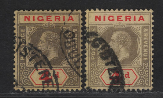 Lot 106 Nigeria SG#6d 4d Gray & Red - Pale Gray & Red King George V, 1914-1929 KGV Imperium Keyplate Issue, Wmk Multiple Crown CA, 2 Fine/Very Fine Used Singles, Yellow Paper With Buff Back
