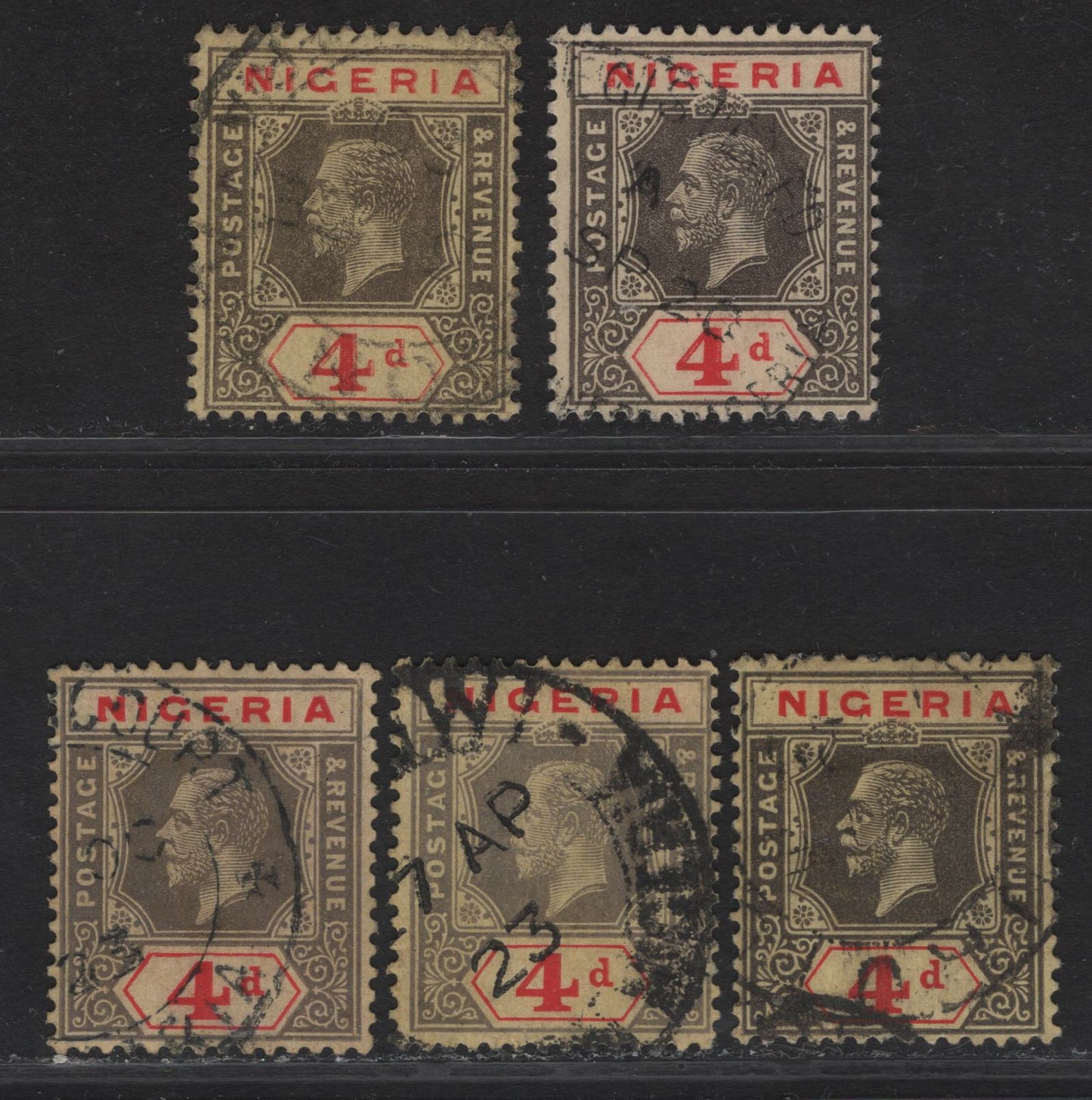 Lot 107 Nigeria SG#6d 4d Gray Black - Deep Gray & Red King George V, 1914-1929 KGV Imperium Keyplate Issue, Wmk Multiple Crown CA, 5 Fine Used Singles, Pale Yellow With Buff & Yellow With Buff Back Papers, Cancelled With 1923 Dates
