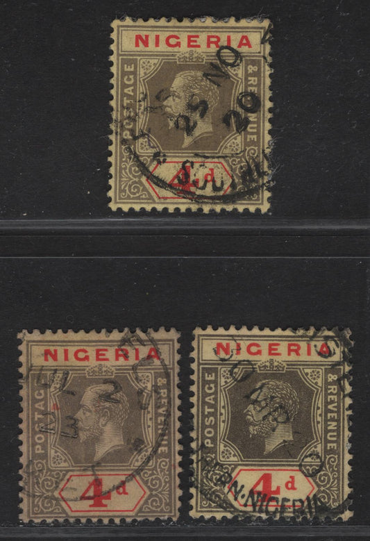 Lot 108 Nigeria SG#6e 4d Brownish Gray & Red - Gray & Deep Red King George V, 1914-1929 KGV Imperium Keyplate Issue, Wmk Multiple Crown CA, 3 Very Fine Used Singles, CancelledWith 1920 & 1923 Dates