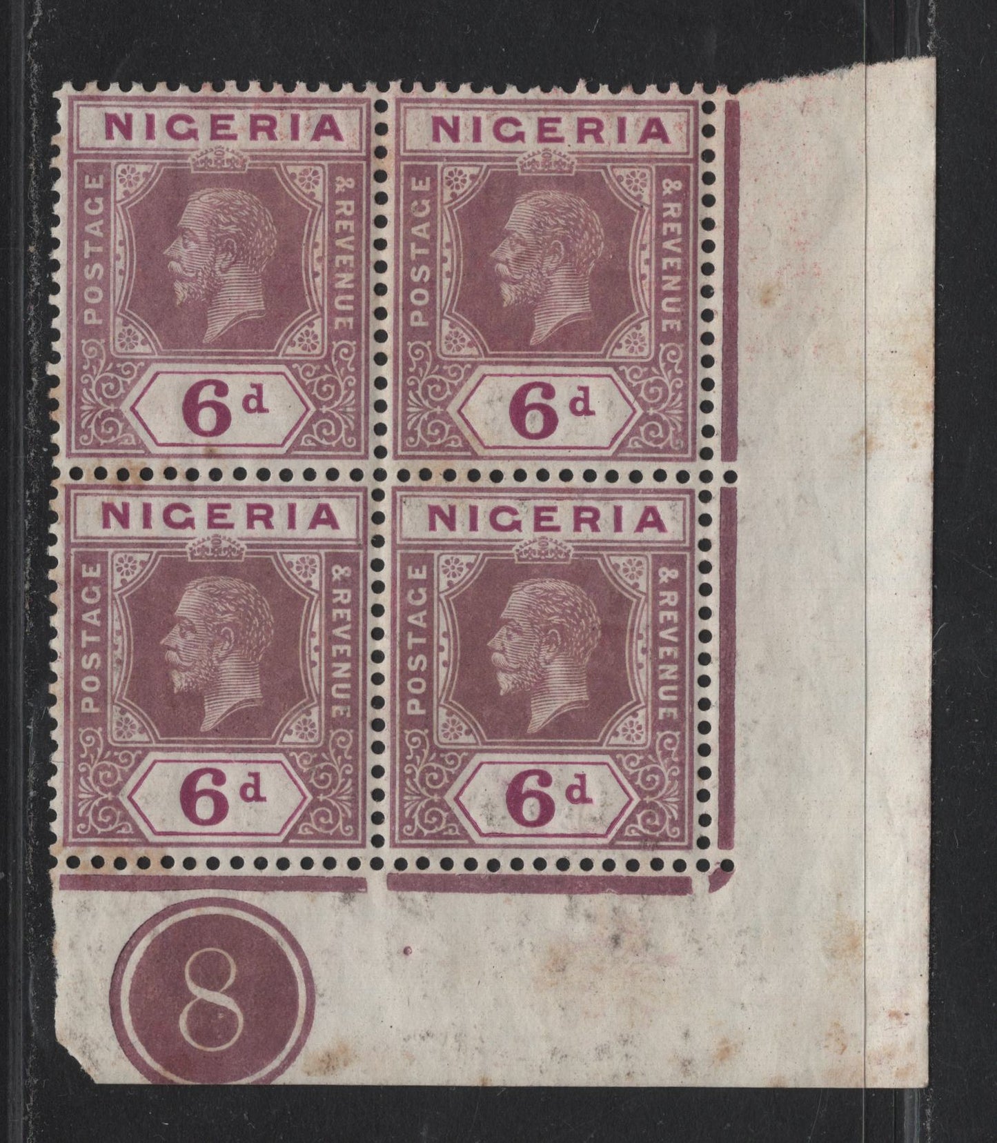 Lot 109 Nigeria SG#7 6d Dull Purple & Bright Purple King George V, 1914-1929 KGV Imperium Keyplate Issue, Wmk Multiple Crown CA, A FNH LL Plate 8 Corner Block Of 4, Showing Jubilee Lines, Some Foxing Affecting All Stamps
