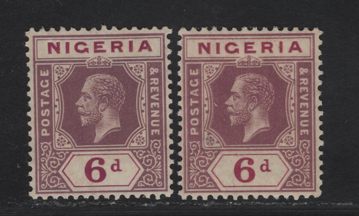 Lot 110 Nigeria SG#7 6d Dull Purple & Bright Magenta - Dull Reddish Purple & Bright Magenta King George V, 1914-1929 KGV Imperium Keyplate Issue, Wmk Multiple Crown CA, 2 VFNH Singles, Die 1, Multiple Crown CA Wmk
