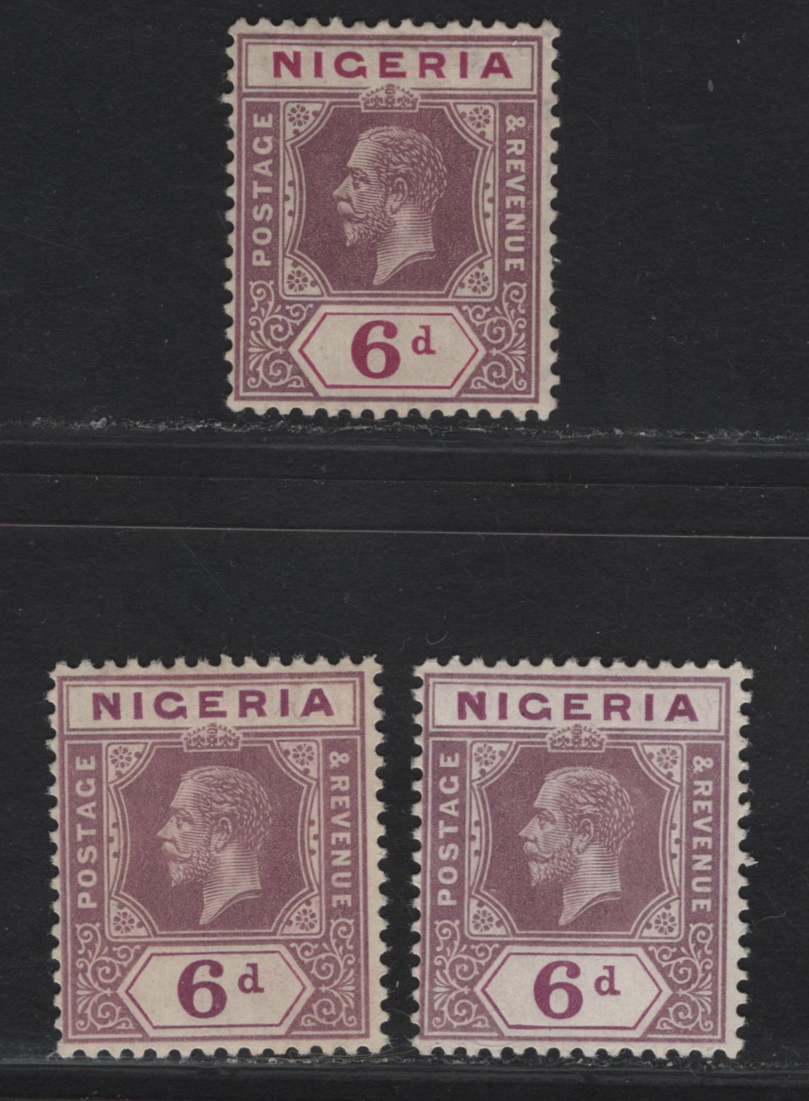Lot 111 Nigeria SG#7 6d Bright Reddish Purple & Dull Reddish Purple - Violet & Reddish Purple King George V, 1914-1929 KGV Imperium Keyplate Issue, Wmk Multiple Crown CA, 3 FOG Singles
