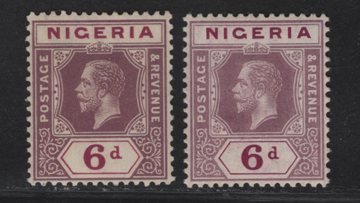 Nigeria SG#7 6d Deep Gmagenta & Pale Purple - Deep Magenta & Dull Reddish Purple King George V, 1914-1929 KGV Imperium Keyplate Issue, Wmk Multiple Crown CA, 2 VFOG Singles
