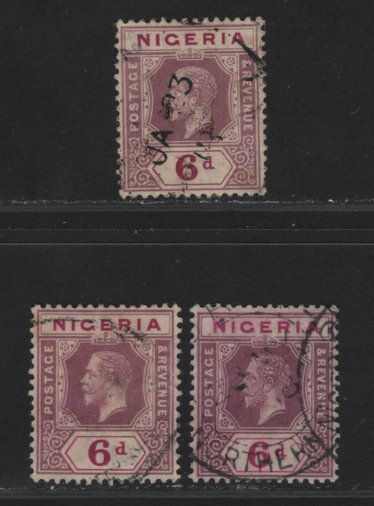 Nigeria SG#7 6d Bright Magenta & Dull Reddish Purple - Pale Bright Magenta & Deep Reddish Purple King George V, 1914-1929 KGV Imperium Keyplate Issue, Wmk Multiple Crown CA, 3 Very Fine Used Singles