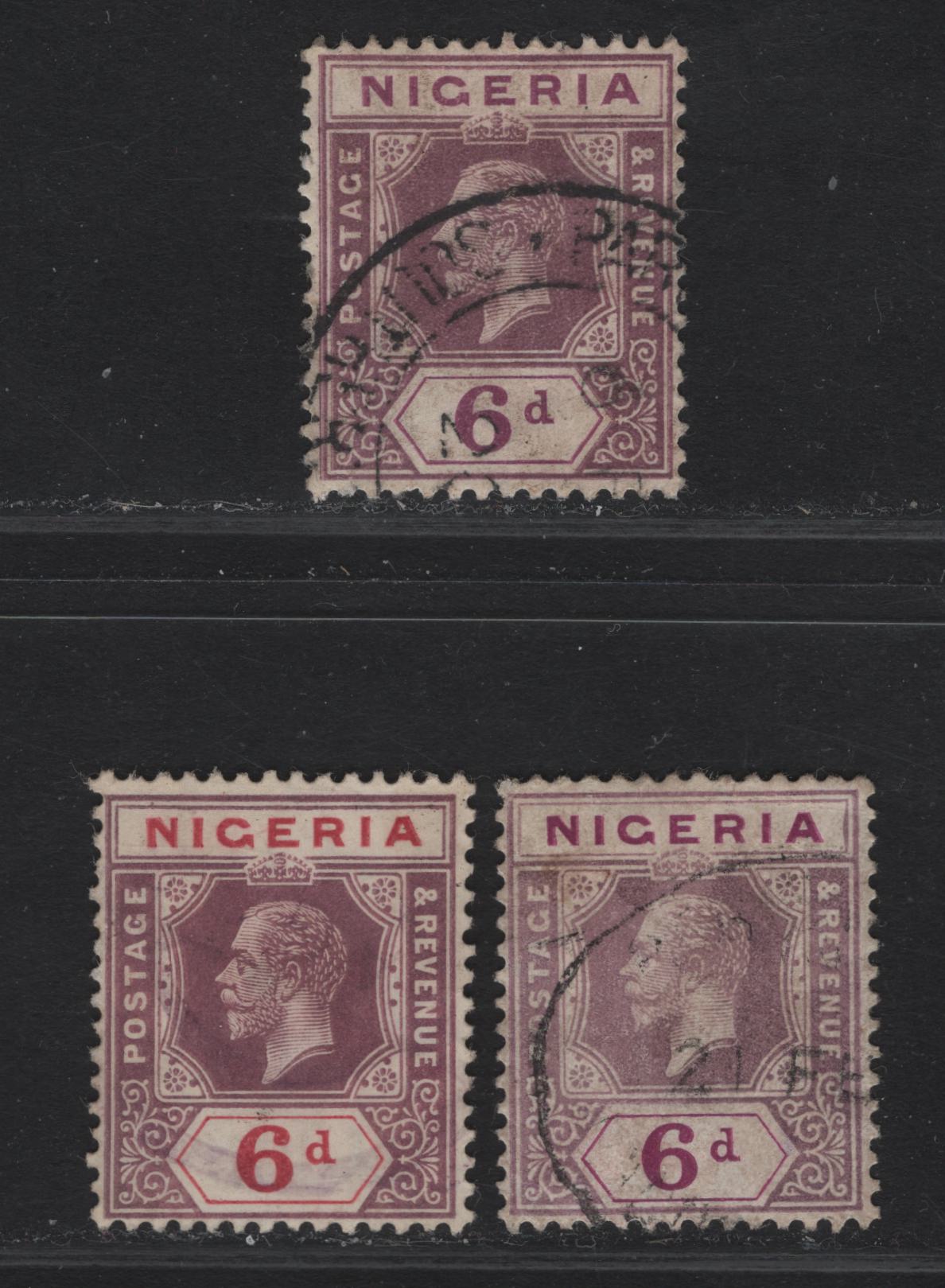 Lot 115 Nigeria SG#7 6d Purple & Dull Purple - Bright Claret & Deep Dull Reddish Purple King George V, 1914-1929 KGV Imperium Keyplate Issue, Wmk Multiple Crown CA, 3 Fine/Very Fine Used Singles