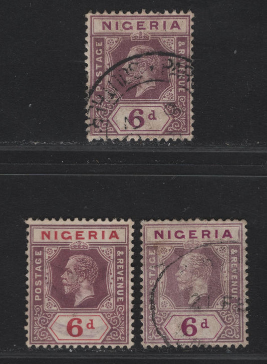 Lot 115 Nigeria SG#7 6d Purple & Dull Purple - Bright Claret & Deep Dull Reddish Purple King George V, 1914-1929 KGV Imperium Keyplate Issue, Wmk Multiple Crown CA, 3 Fine/Very Fine Used Singles