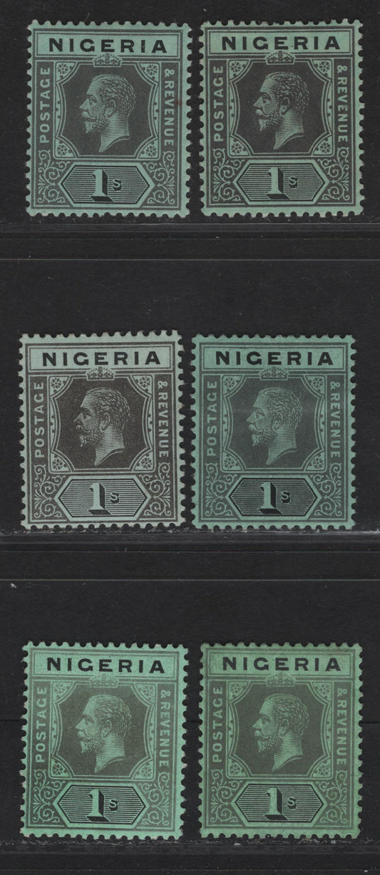 Nigeria SG#8, 8c-8f 1/- Gray Black & Black - Gray & Black King George V, 1914-1929 KGV Imperium Keyplate Issue, Wmk Multiple Crown CA, 6 F/VFOG Singles