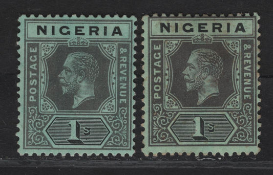 Lot 119 Nigeria SG#8, 8a 1/- Deep Gray & Black - Gray & Black King George V, 1914-1929 KGV Imperium Keyplate Issue, Wmk Multiple Crown CA, 2 FOG Singles, Includes Gray & Black on Blue Green Paper With White Back For Comparison