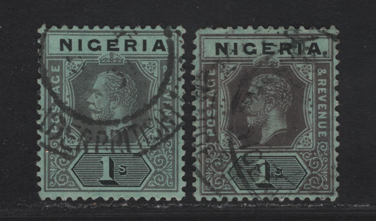 Lot 120 Nigeria SG#8 1/- Deep Gray & Black - Gray Black & Black King George V, 1914-1929 KGV Imperium Keyplate Issue, Wmk Multiple Crown CA, 2 Very Fine Used Singles, Blue Green Paper With White Back