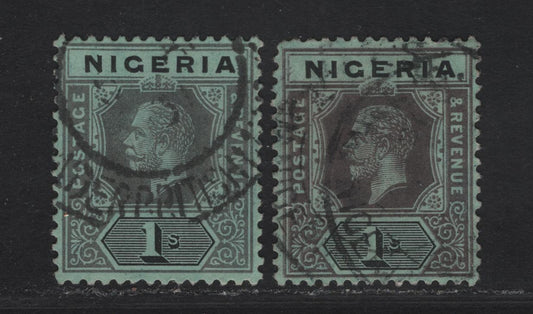 Lot 120 Nigeria SG#8 1/- Deep Gray & Black - Gray Black & Black King George V, 1914-1929 KGV Imperium Keyplate Issue, Wmk Multiple Crown CA, 2 Very Fine Used Singles, Blue Green Paper With White Back