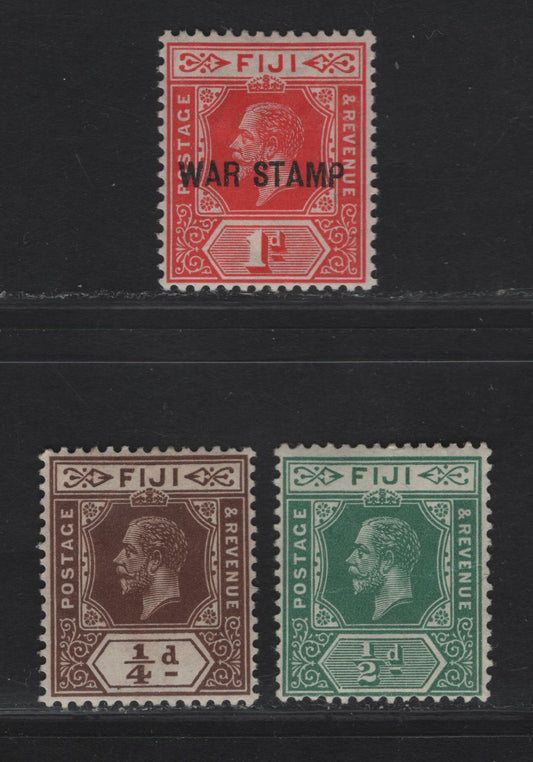 Lot 12 Fiji #125, 126, 139a 1/2d Green. 1/4d Brown & 1d Bright Scarlet, 1912-1923 King George V Imperium Keyplate Issue, Wmk Multiple Crown CA, 3 F & VF OG Singles