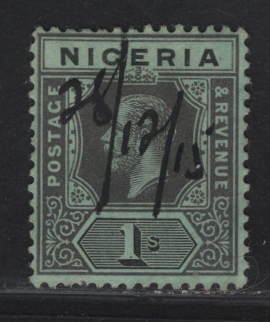 Lot 121 Nigeria SG#8a 1/- Deep Gray & Black King George V, 1914-1929 KGV Imperium Keyplate Issue, Wmk Multiple Crown CA, A Fine Used Single, Yellow Green Paper With White Back, Fiscally Cancelled Example Of This Scarce 1915 Printing