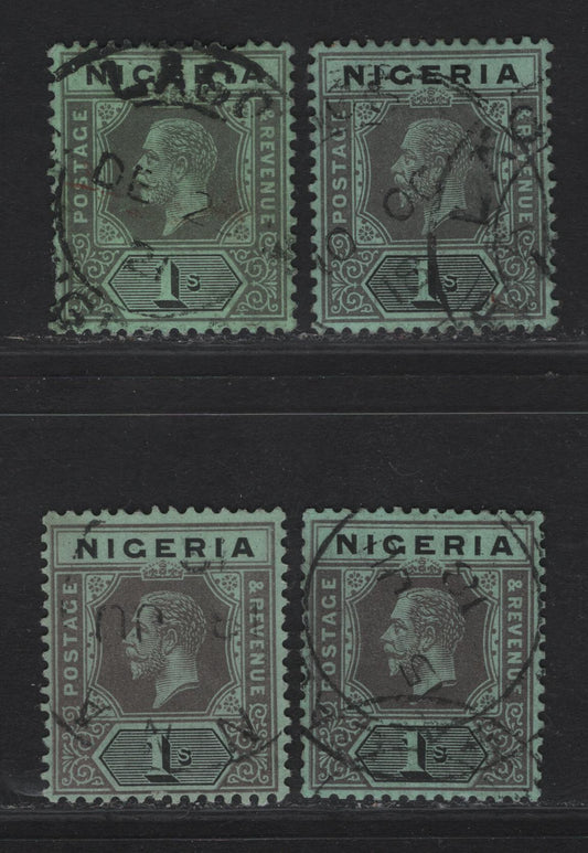 Lot 122 Nigeria SG#8c 1/- Gray & Black King George V, 1914-1929 KGV Imperium Keyplate Issue, Wmk Multiple Crown CA, 4 Fine/Very Fine Used Singles, Blue Green & Yellow Green Paper With Blue Green Back, 1918-1919 Dates