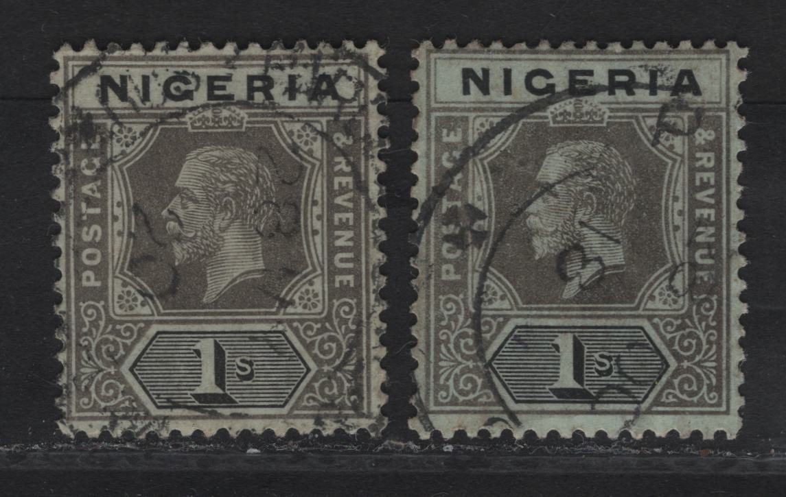 Lot 125 Nigeria SG#8d 1/- Gray & Black King George V, 1914-1929 KGV Imperium Keyplate Issue, Wmk Multiple Crown CA, 2 Fine Used Singles, Pale Green & Pale Bluish Green Papers, Both With Pale Olive Back
