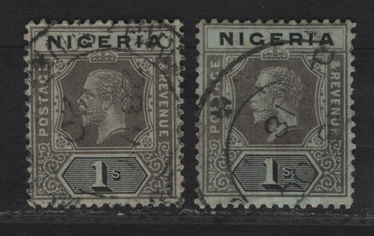 Lot 125 Nigeria SG#8d 1/- Gray & Black King George V, 1914-1929 KGV Imperium Keyplate Issue, Wmk Multiple Crown CA, 2 Fine Used Singles, Pale Green & Pale Bluish Green Papers, Both With Pale Olive Back