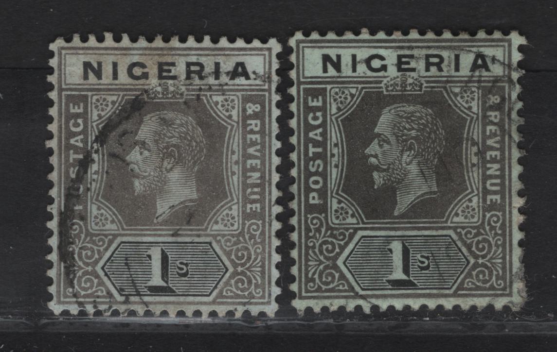 Lot 126 Nigeria SG#8d 1/- Gray & Black King George V, 1914-1929 KGV Imperium Keyplate Issue, Wmk Multiple Crown CA, 2 Very Fine Used Singles, Pale Yellowish/Bluish Green Paper With Olive Back, Two Shades Of The 1917 Printing