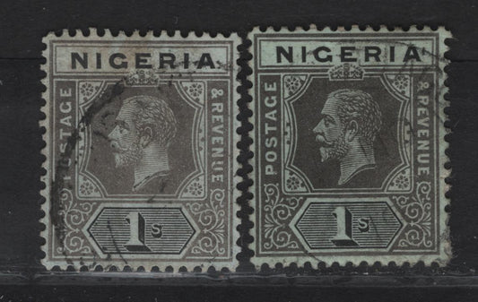 Lot 126 Nigeria SG#8d 1/- Gray & Black King George V, 1914-1929 KGV Imperium Keyplate Issue, Wmk Multiple Crown CA, 2 Very Fine Used Singles, Pale Yellowish/Bluish Green Paper With Olive Back, Two Shades Of The 1917 Printing
